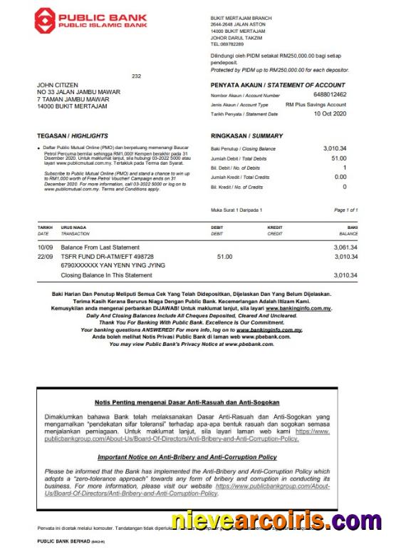 Malaysia Public bank statement